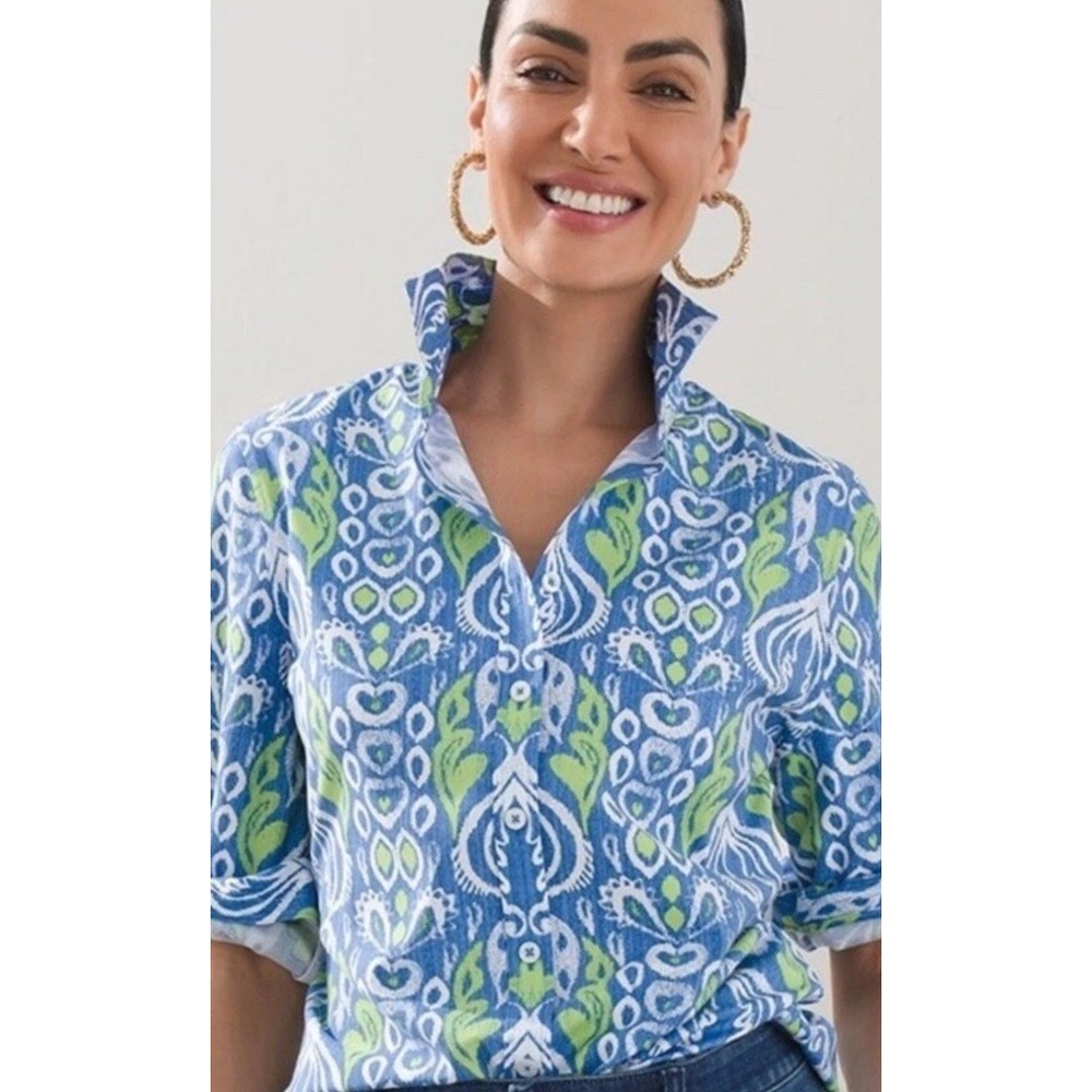 Chicos No Iron Chic Stretch Shirt 1 Blue Green Lotus Bloom Belladonna Tunic NEW